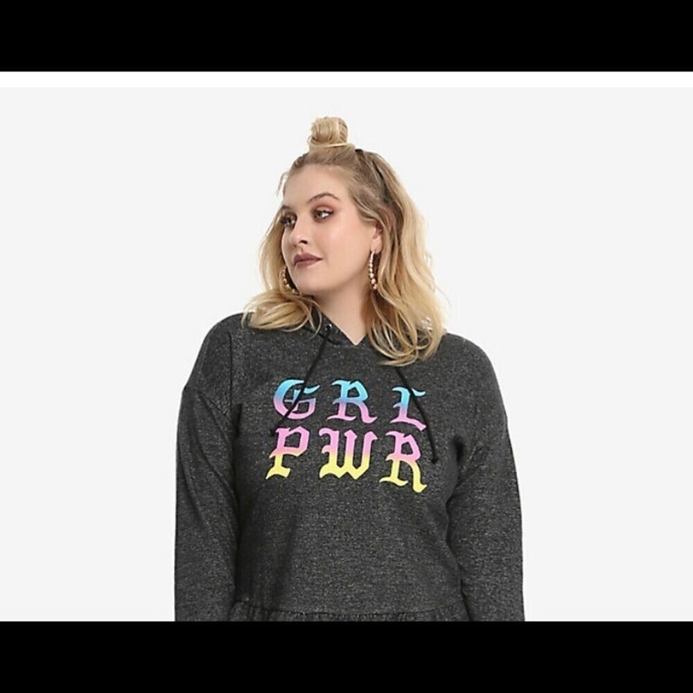 Hot Topic gray cropped hoodie Girl Power SZ XL pull over long sleeve